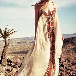 Free People Cream Maxi Dress with Red Floral Trim